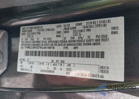 2019 Ford Escape Sel from USA, damaged, VIN 1FMCU9HD7KUA14014